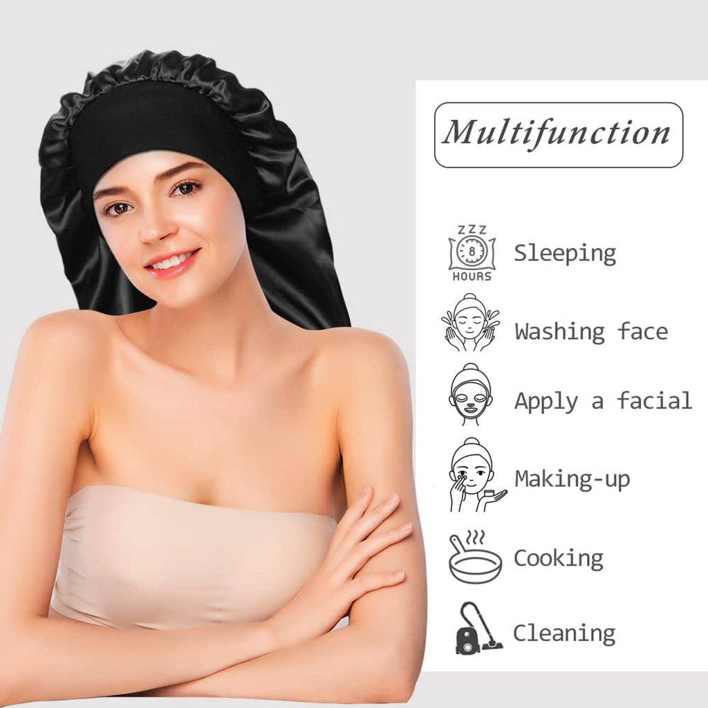 Black satin sleep bonnet with ruffled edge and wide band, worn on head