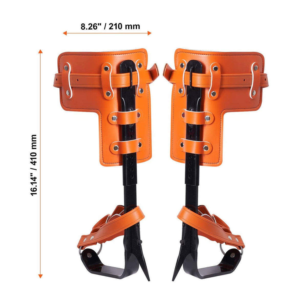 Orange-and-black adjustable spurs with steel spikes and padded support straps