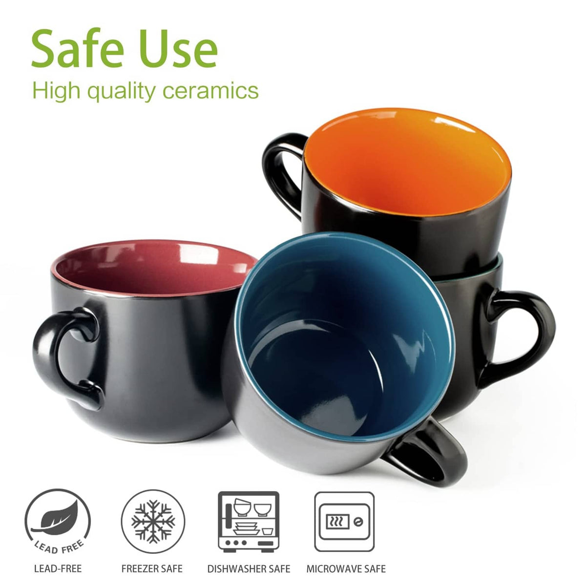 Assorted jumbo soup mugs with handles, black exterior and orange, red, and blue interiors