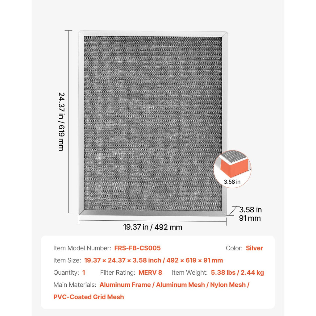 Square-cut air filter with gray mesh media and silver outer aluminum frame