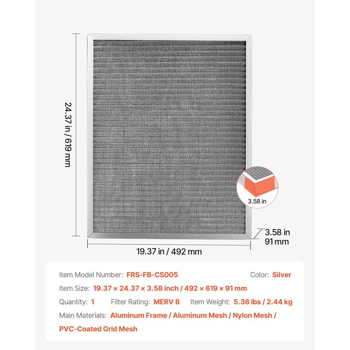 Square-cut air filter with gray mesh media and silver outer aluminum frame