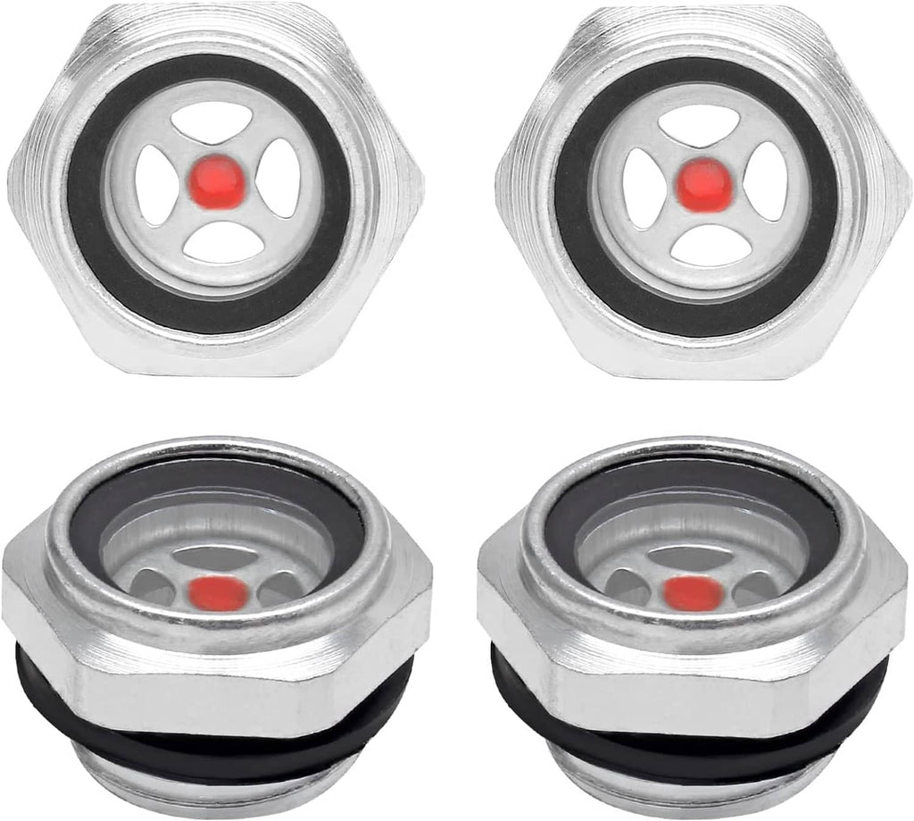 Oil sight glass gauge set, silver metal body with red indicator and black rubber gasket