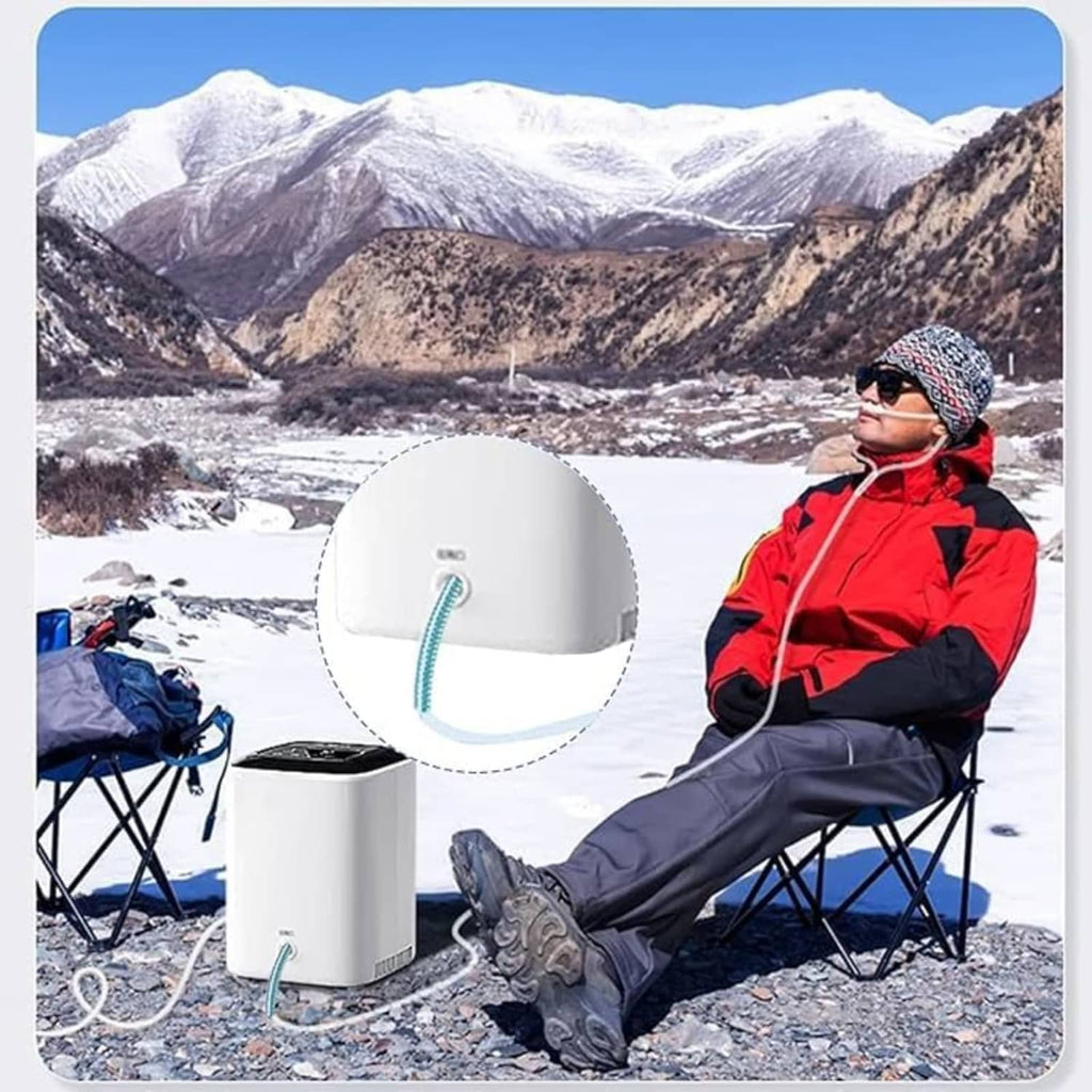Blue nasal cannula tubing with crimp straighteners outdoors with oxygen concentrator