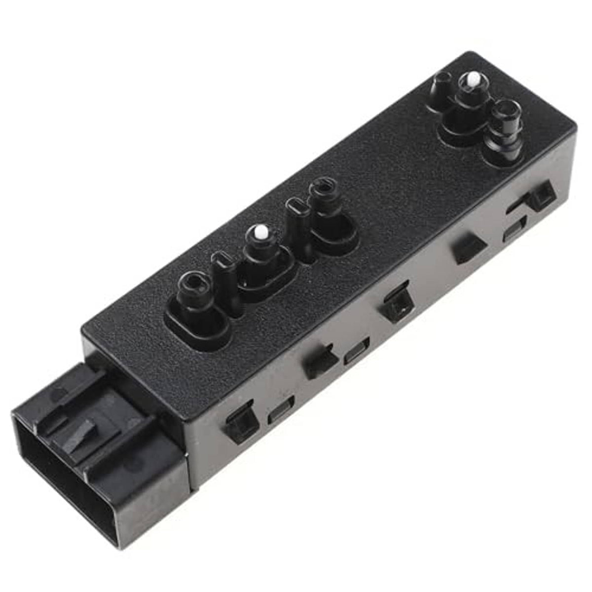 Black power seat switch module with side connector ports and multiple adjustment buttons