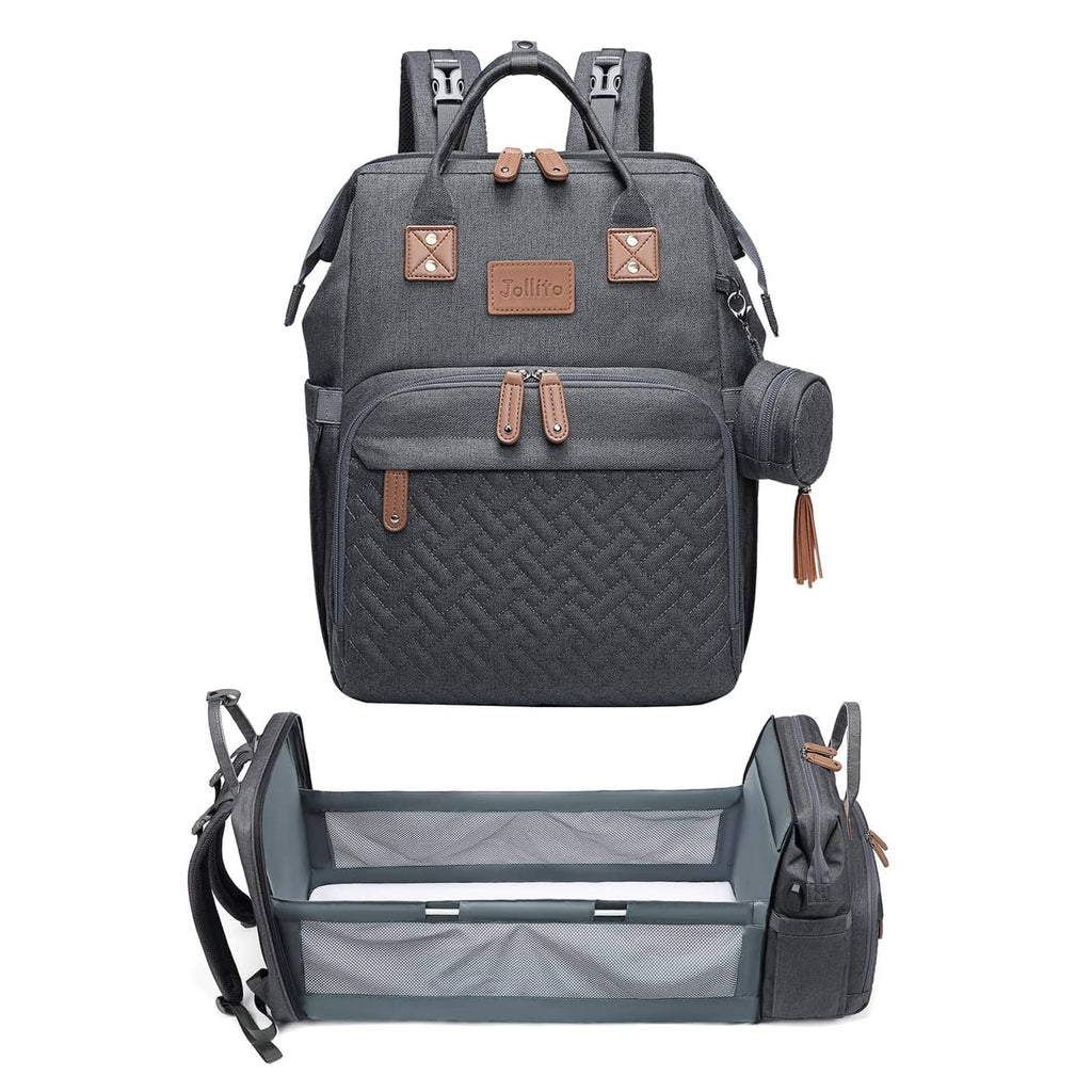 Grey diaper bag backpack with front pockets and included changing mat
