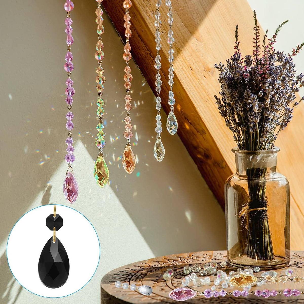 Multicolor teardrop crystal pendant strands with gold tone caps and loops