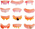 Set of 12 Halloween fake vampire teeth gag styles, pink gums with jagged white fangs
