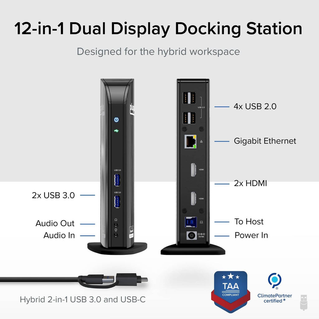 Black Plugable dual-display docking station with multiple USB and HDMI ports