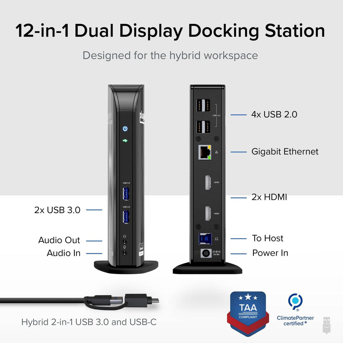 Black Plugable dual-display docking station with multiple USB and HDMI ports