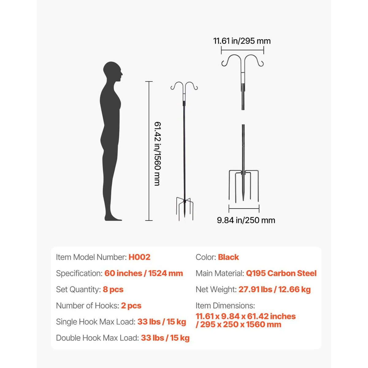Bird feeder pole with dual hooks, size diagram, and ground anchor base dimensions