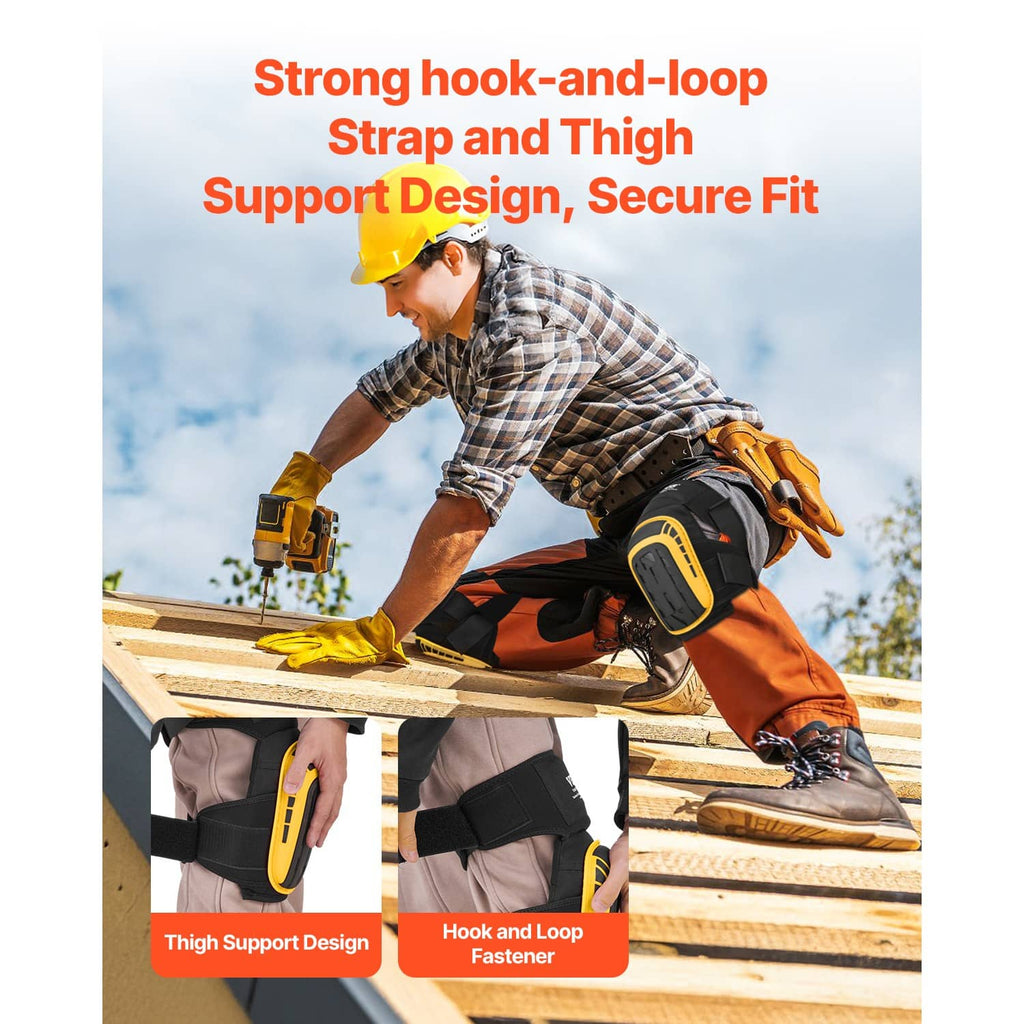 Black-and-yellow knee pads with hook-and-loop thigh support straps and secure fit