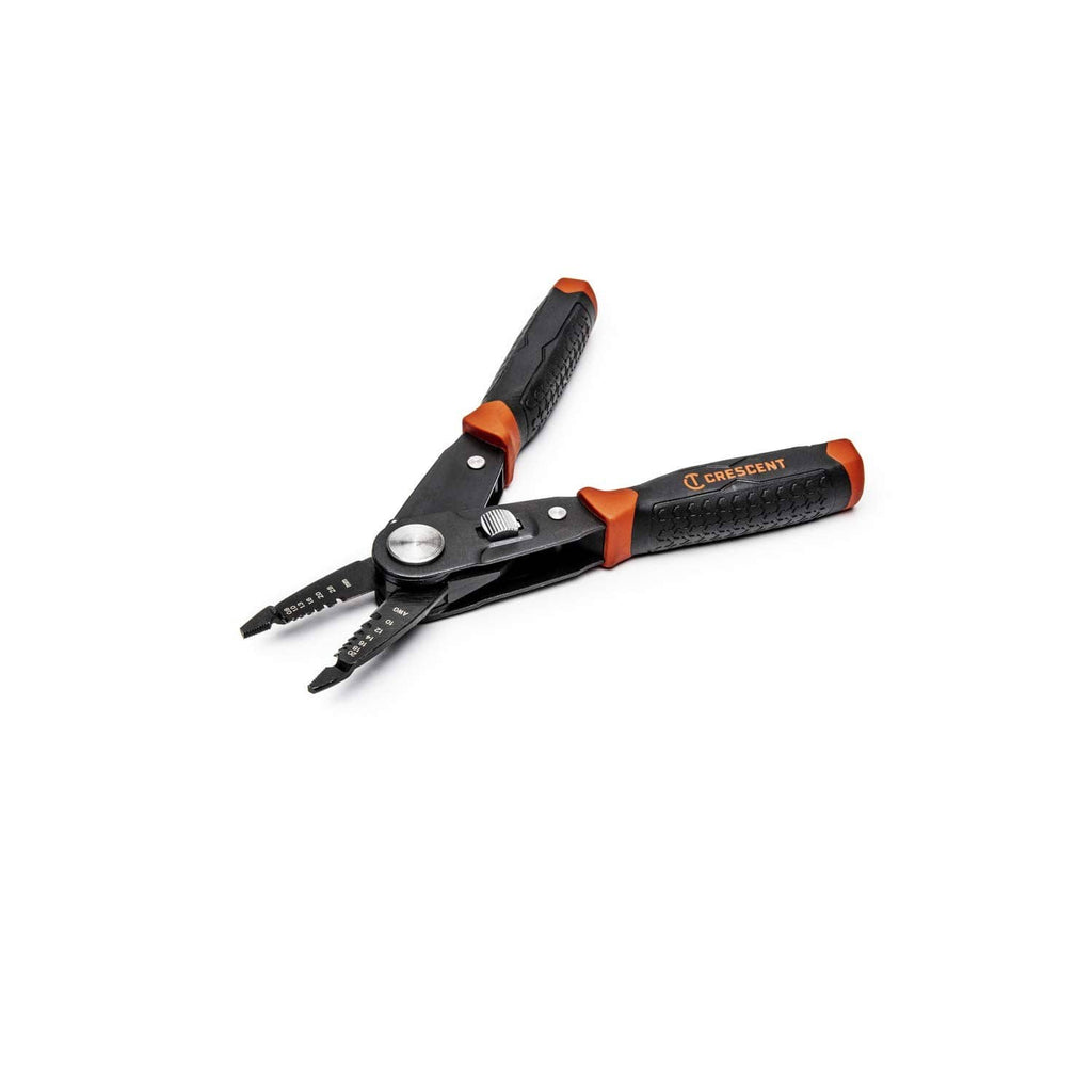 Lineman’s 2-in-1 pliers with wire stripping cutters; black grips with orange end caps.