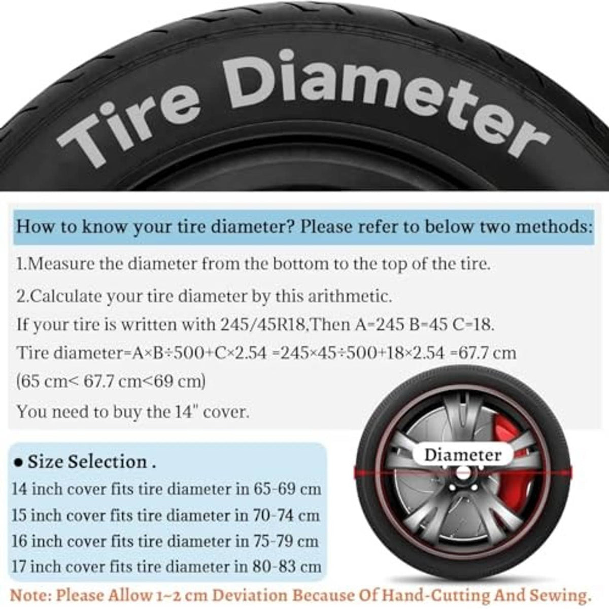 Spare tire cover size guide with black cover edge and colorful skull artwork illustration