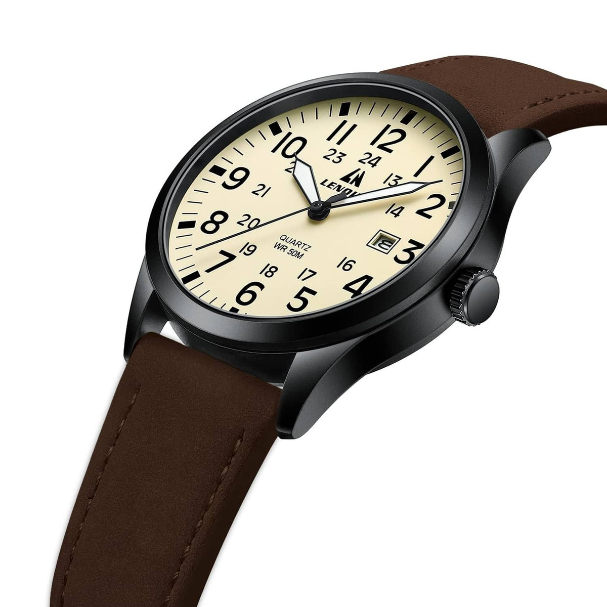 Men's analog sport watch close-up with beige dial, black bezel, and brown leather strap.
