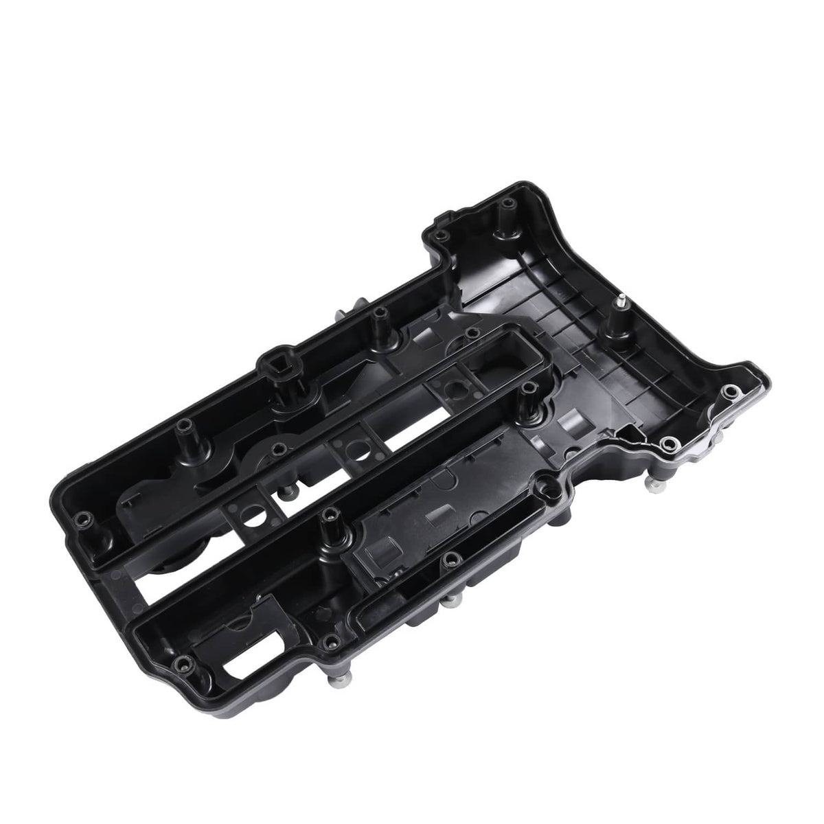 Black plastic valve cover housing base with internal ribs and mounting points
