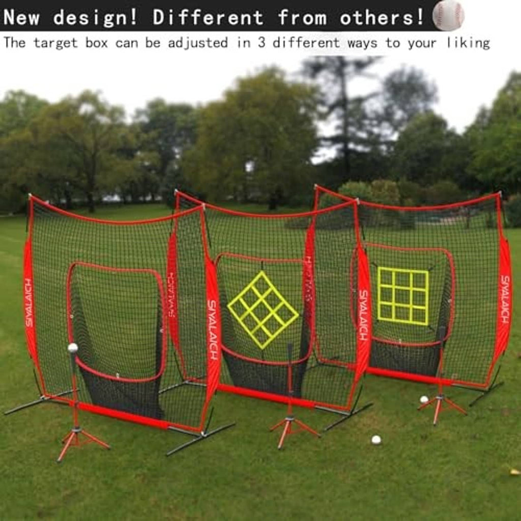 Foldable multi-panel baseball and softball practice net with red frame and yellow target