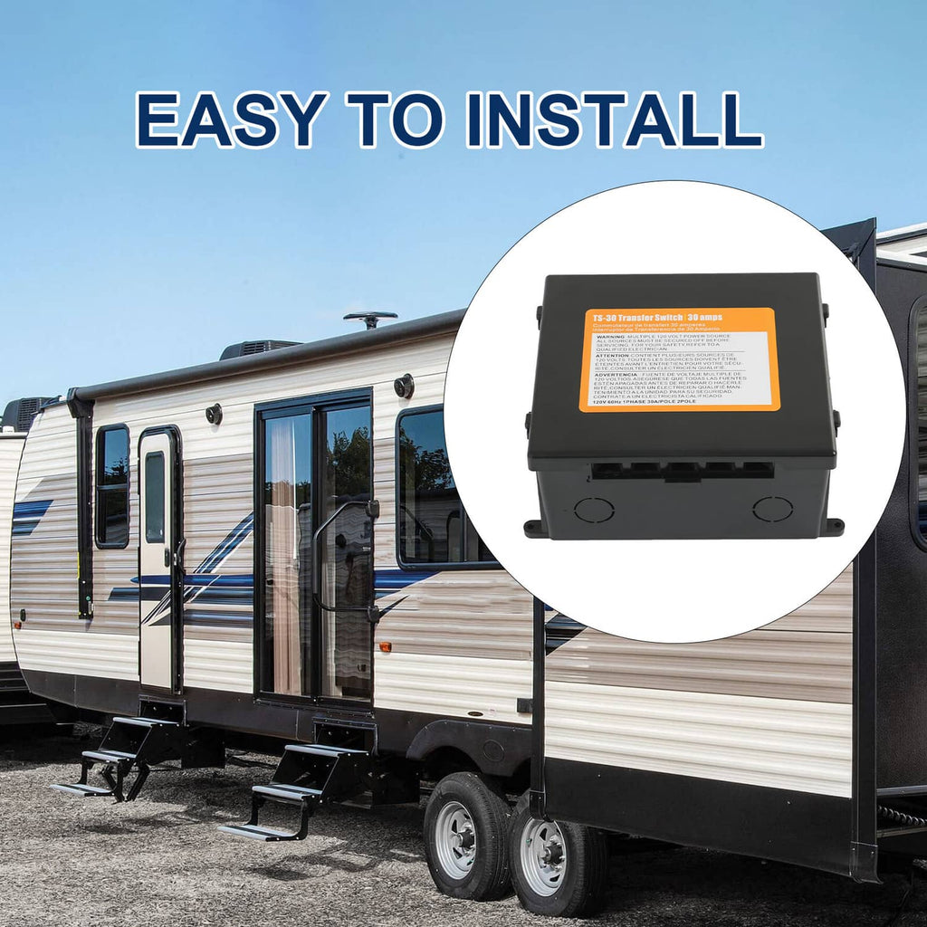 Automatic transfer switch control box with orange label and mounting tabs
