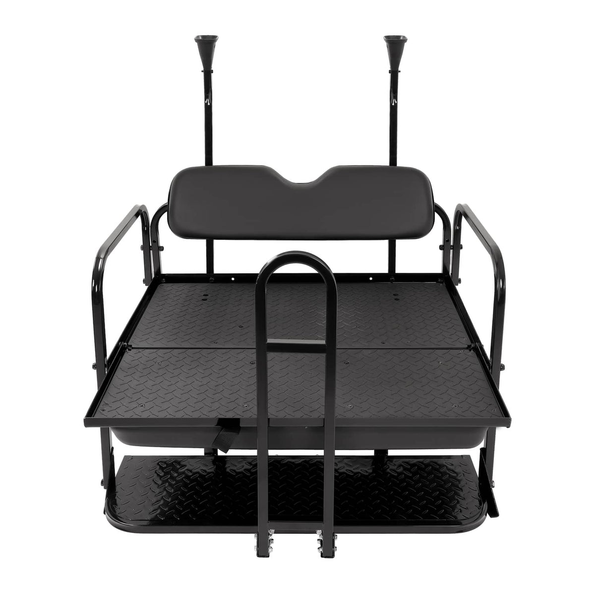 Black rear flip seat with padded backrest, front grab bar, and two foot platforms