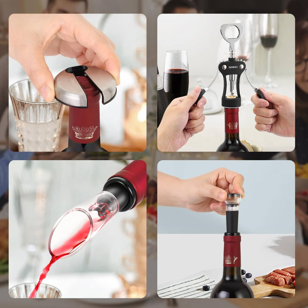 Wine bottle accessory set in use: vacuum pump stopper, pourer, and cutter with hands