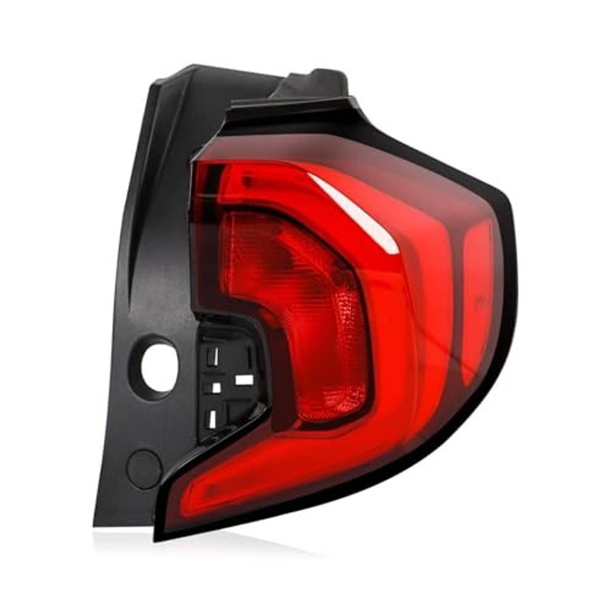 Passenger-side outer tail light assembly with red lens and black housing, angled view
