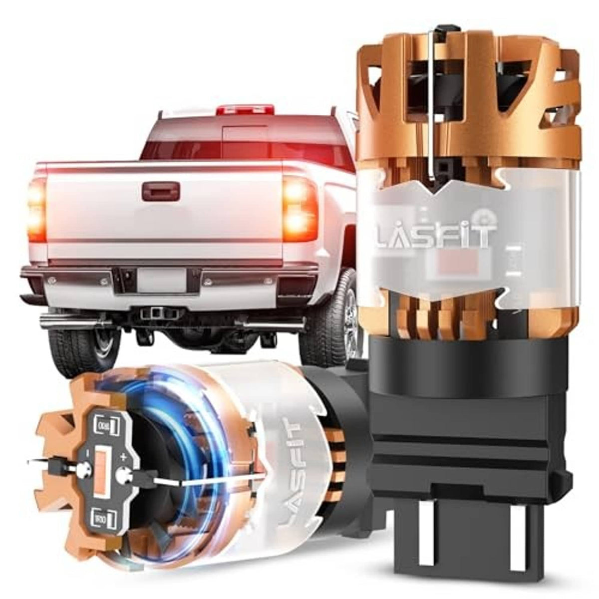LED brake light bulb with copper heatsink, black body, and white lens detail
