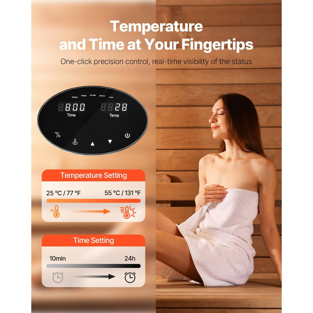 Black digital steam generator controller with temperature and time settings panel