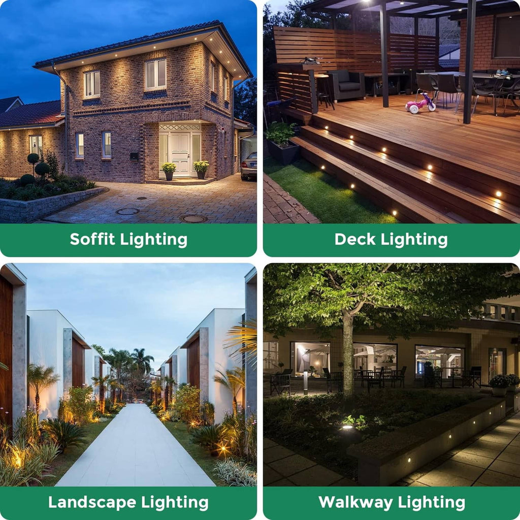 Outdoor recessed LED lights installed along walkway and deck for landscape lighting