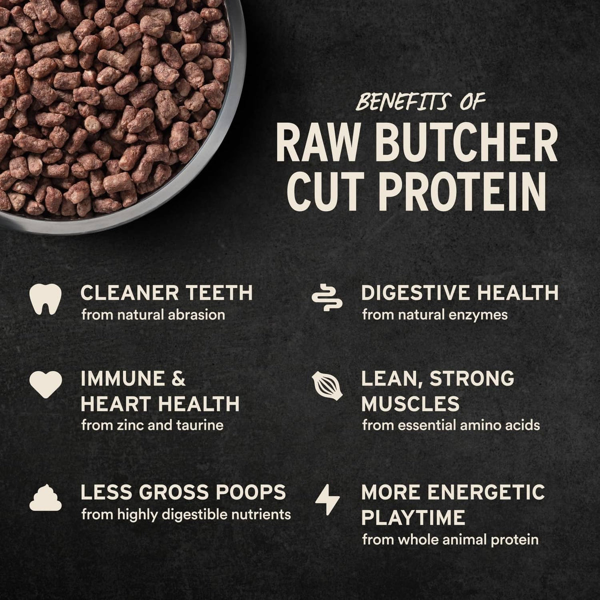 Freeze-dried raw protein kibble benefits graphic with cleaner teeth and digestive health