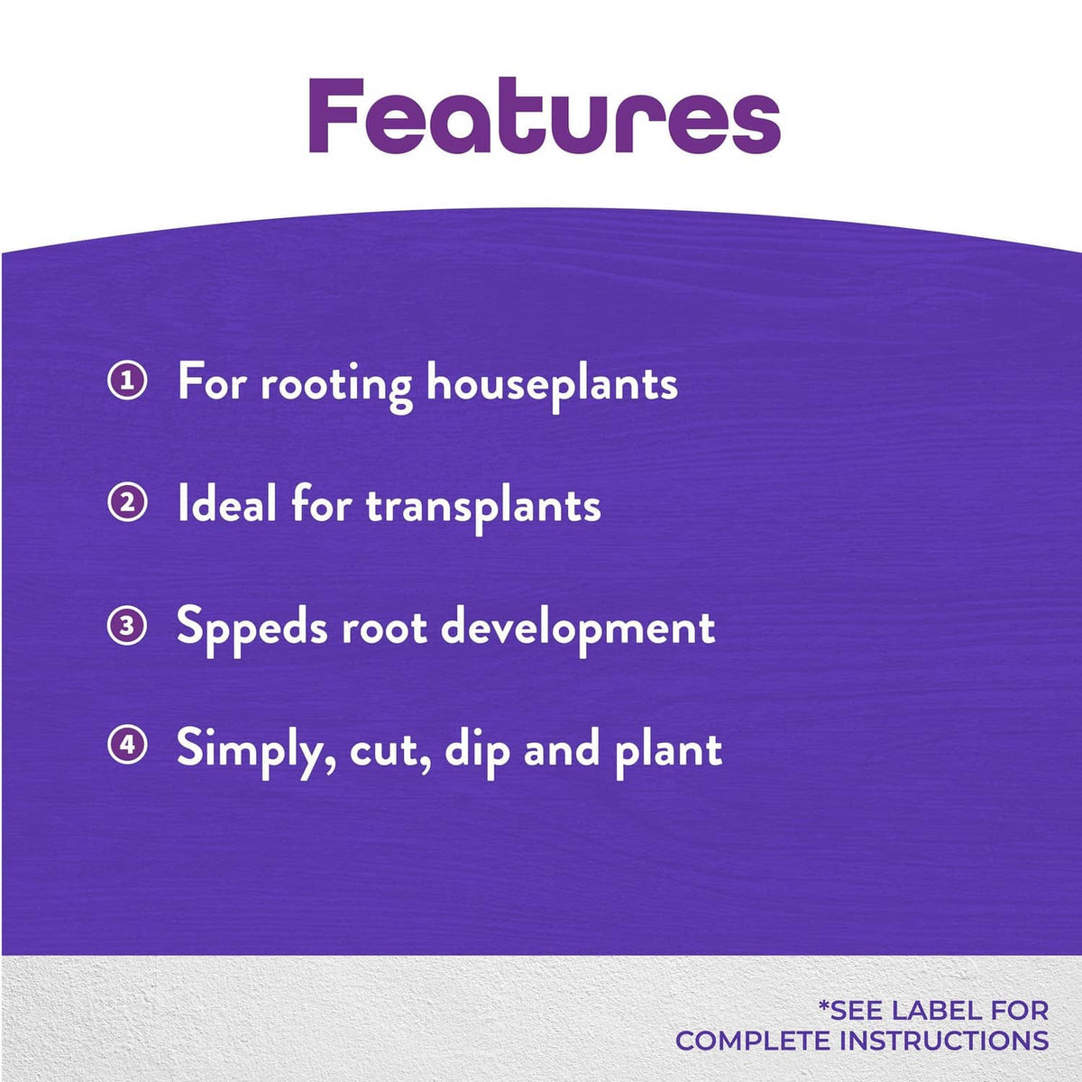 Rooting powder features card listing rooting houseplants and transplant use