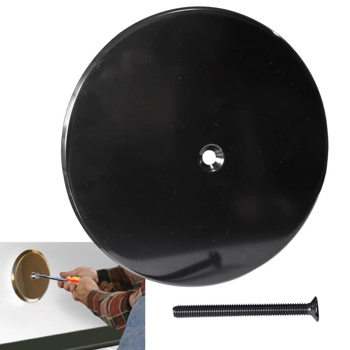Black round cleanout access cover plate with center screw hole