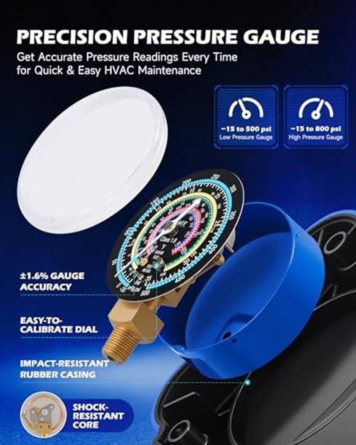 Dial pressure gauge tool for AC service with rugged rubber casing and calibrated face