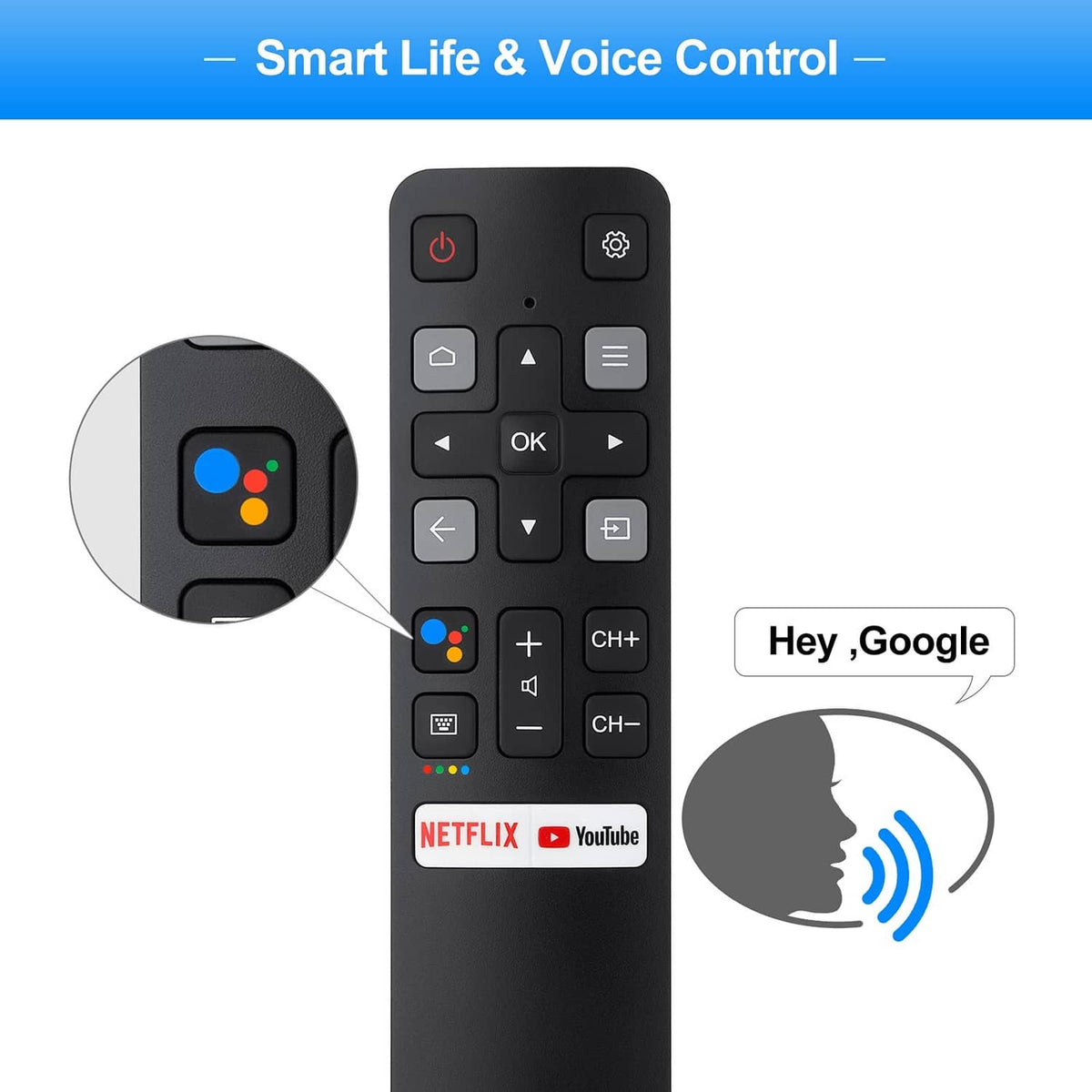 Black voice TV remote with Hey Google voice control and Netflix/YouTube shortcuts