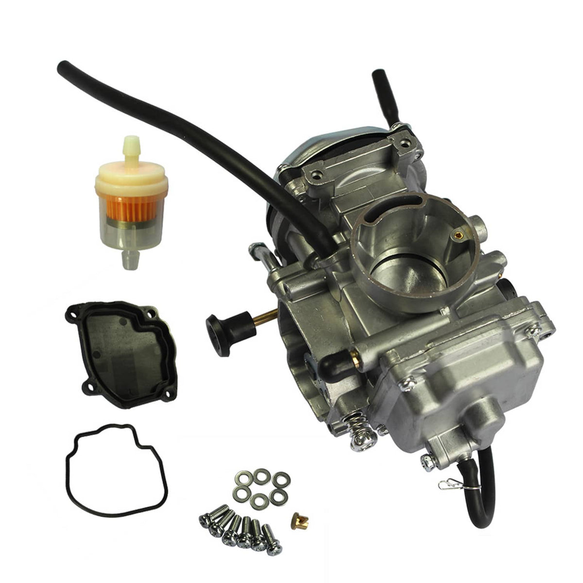 ATV carburetor assembly with mounting gasket, screws, and fuel filter kit parts