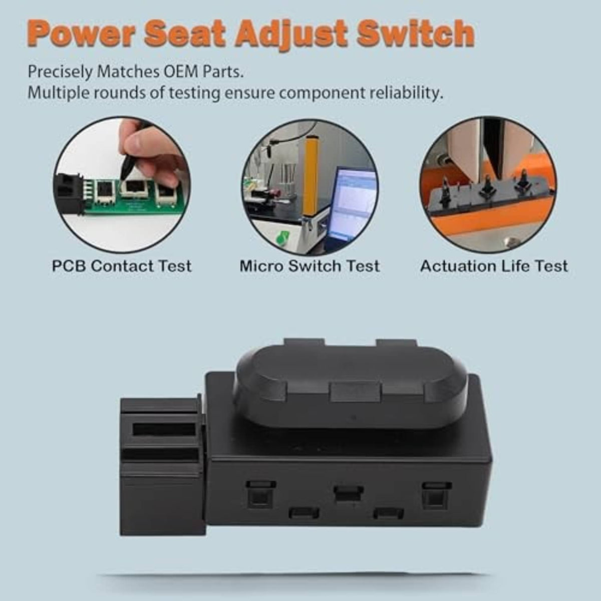 Power seat adjust switch housing shown in front view with multiple terminal openings