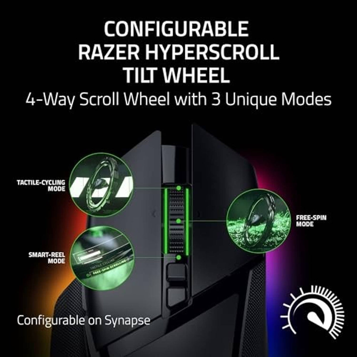 Black gaming mouse with green-lit HyperScroll tilt wheel and illuminated mode area