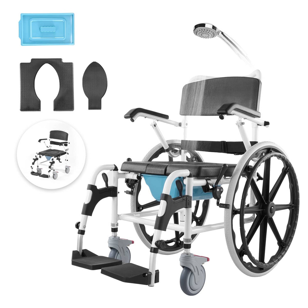 Shower wheelchair with black seat and back cushions, white frame, armrests and caster wheels