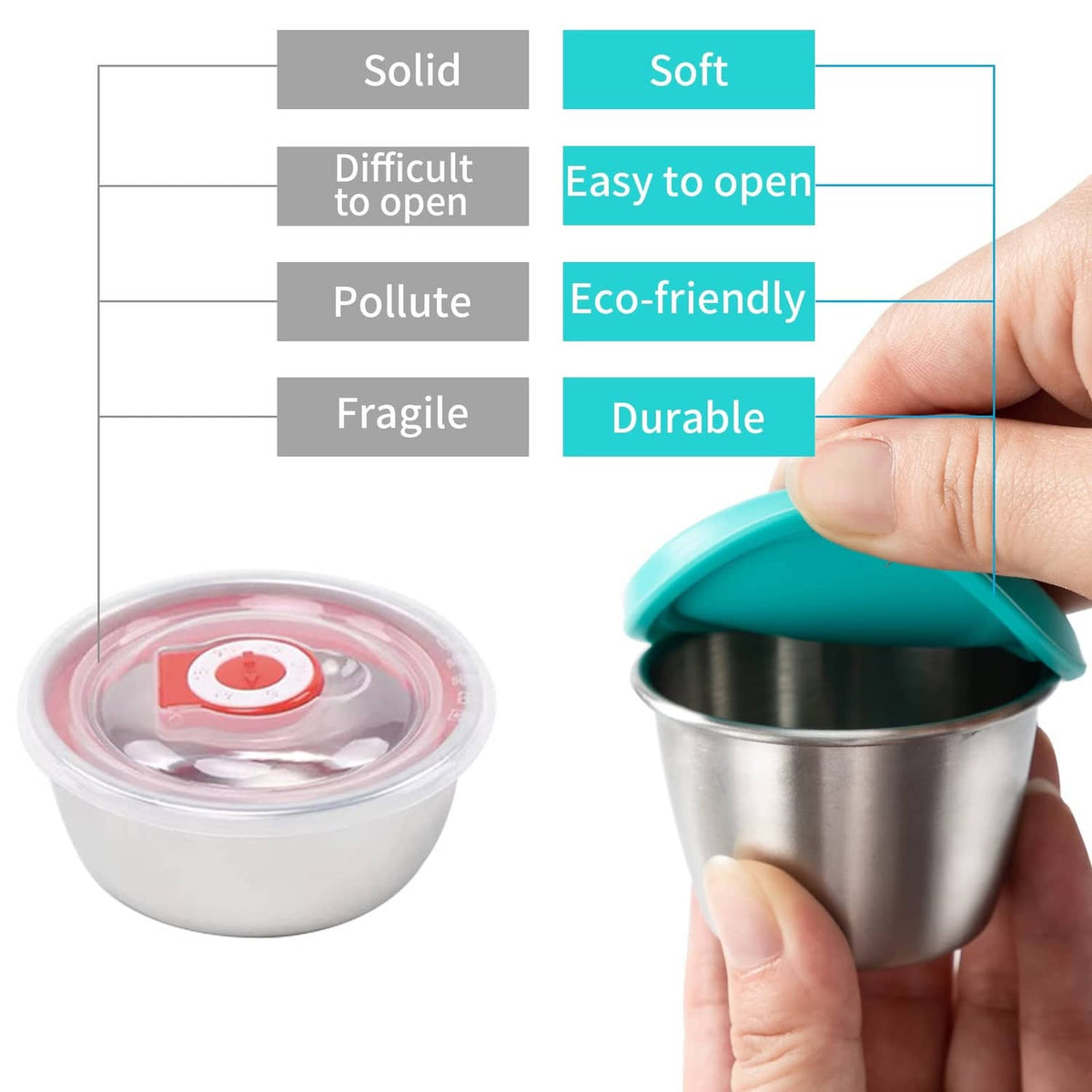 Stainless steel dressing cup with teal silicone lid, plus white cup with pink lid