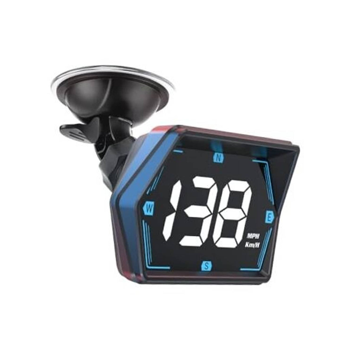 GPS head-up speedometer display with blue-lit frame showing 98 MPH on screen