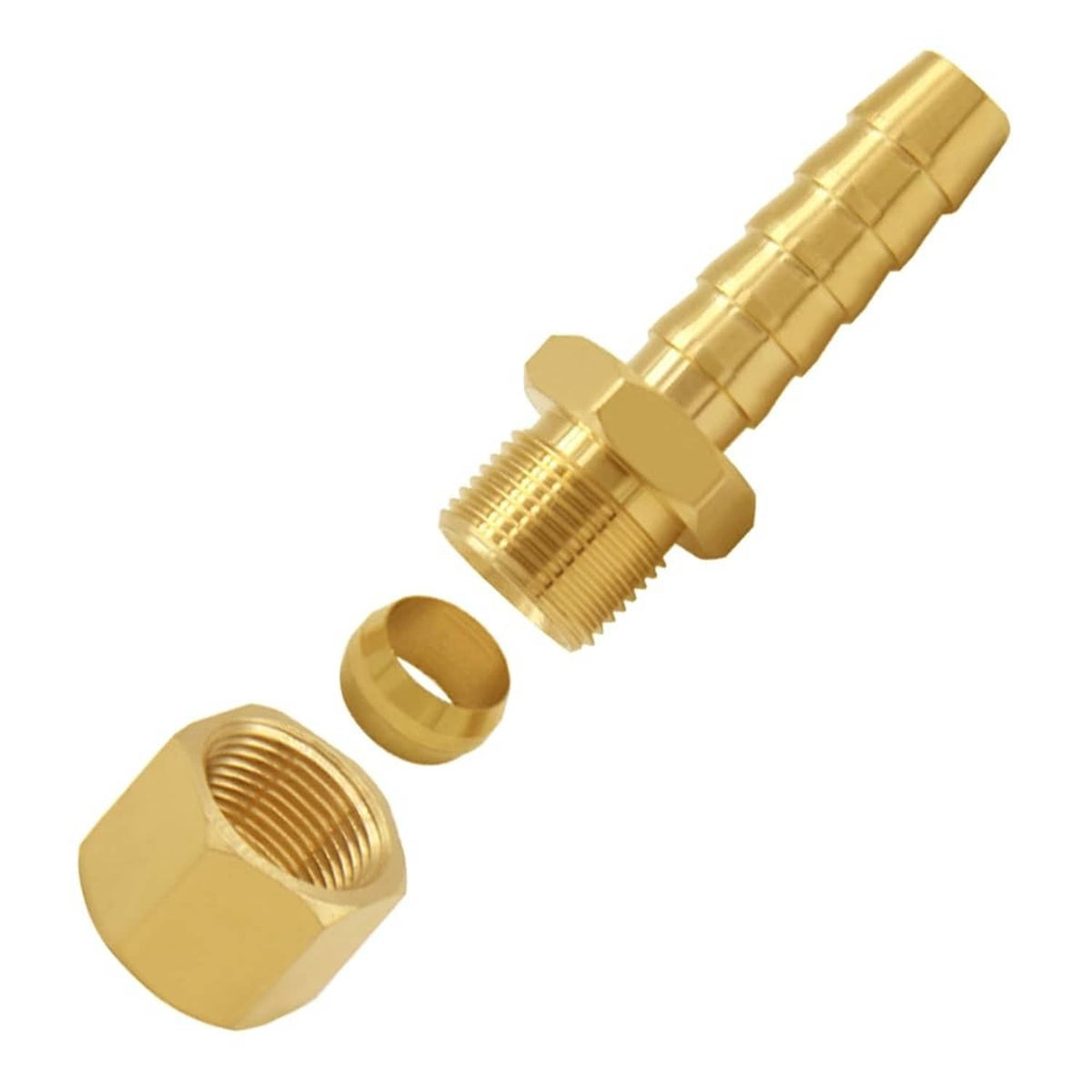 Brass compression-to-barb fuel line adapter, showing threads and hex fittings, gold tone.