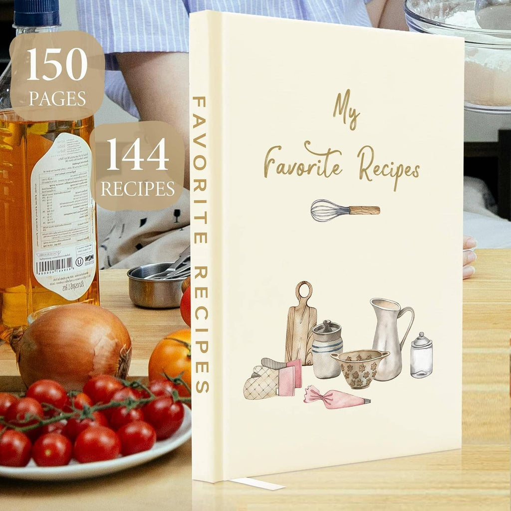 Cream hardcover recipe book shown upright, with “My Favorite Recipes” cover illustration