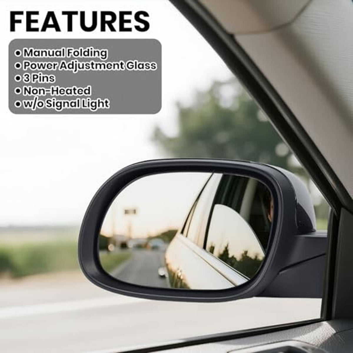 Left driver-side black side mirror with tinted glass on car door