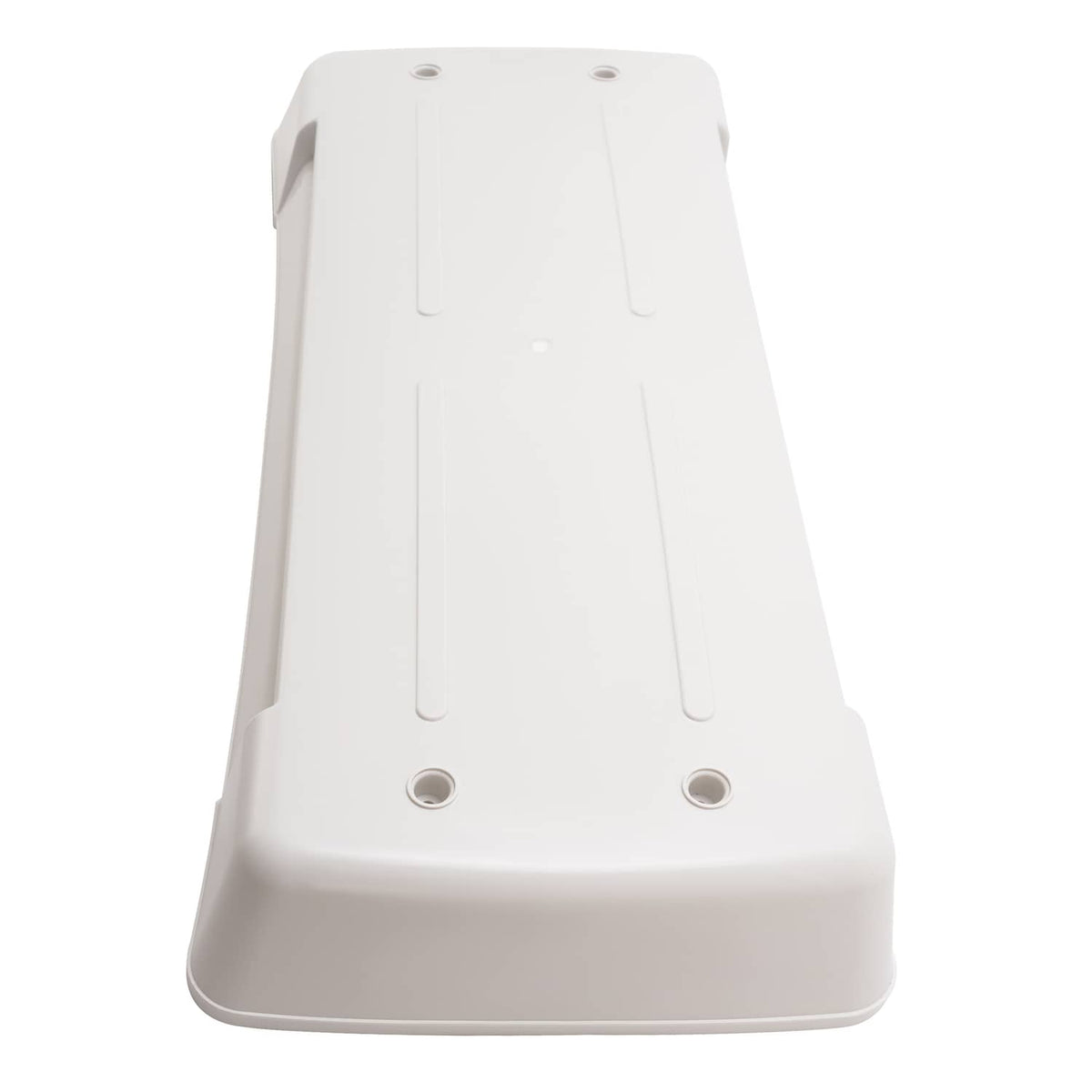 White refrigerator vent cover back panel with two holes and molded ribs