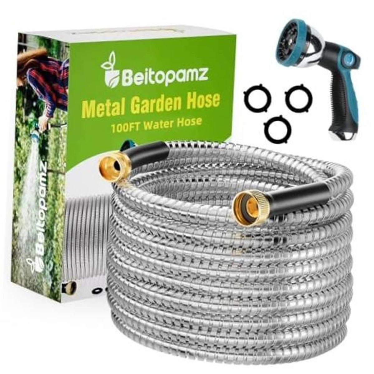 Stainless steel garden hose coil with brass ends and black blue spray nozzle