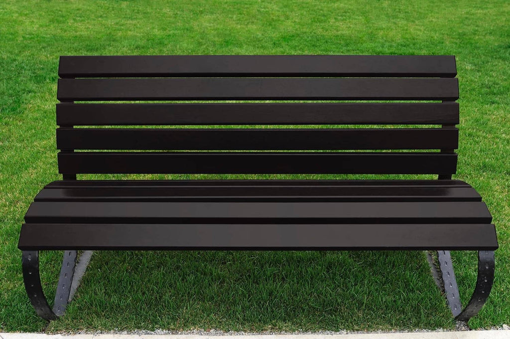 Flat black coated metal bench with slatted seat and back
