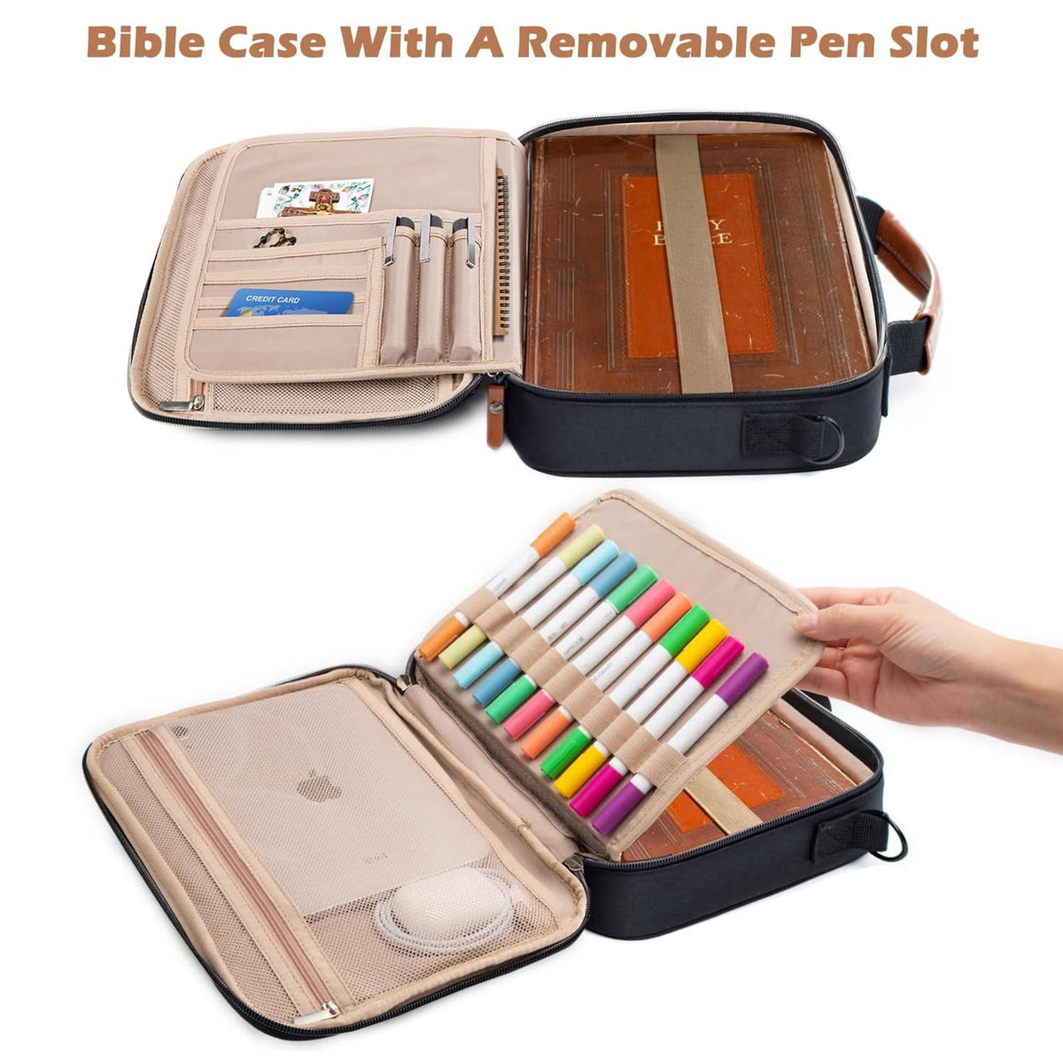 Aplufine medium Bible case opened, tan document pockets and pen holders, black outer