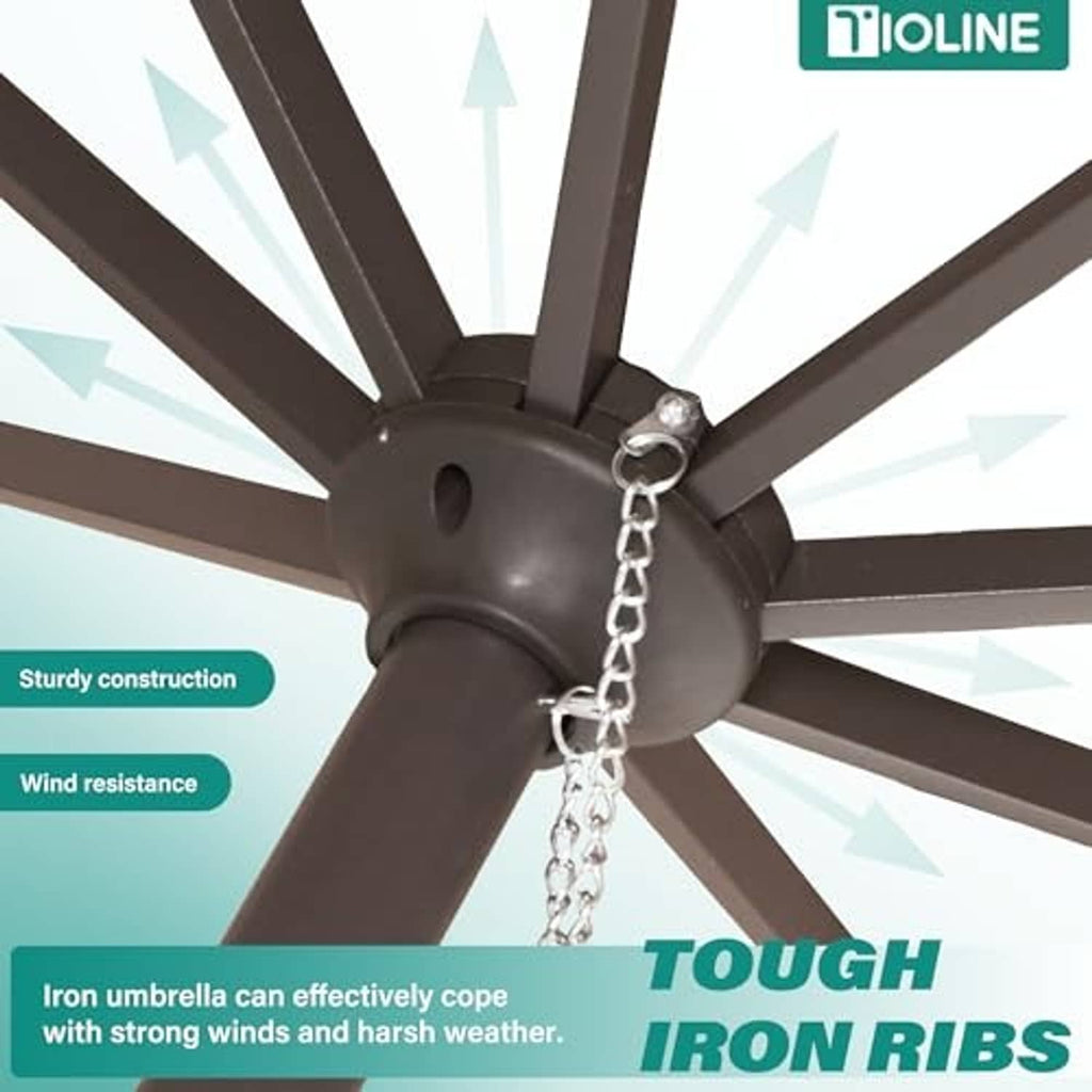 Umbrella canopy hub with iron ribs and hanging chain lift mechanism