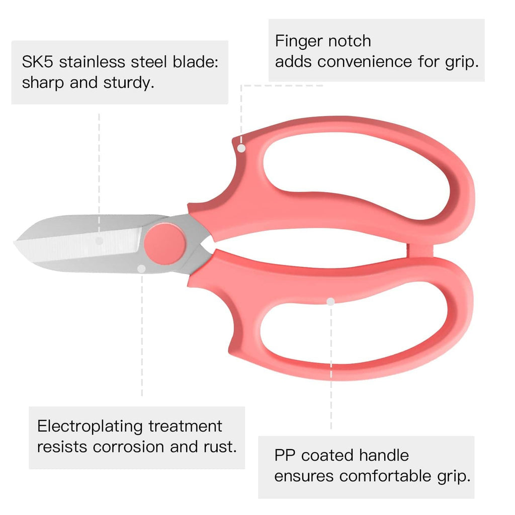 Two pink pruning shears with finger notch and PP coated handle