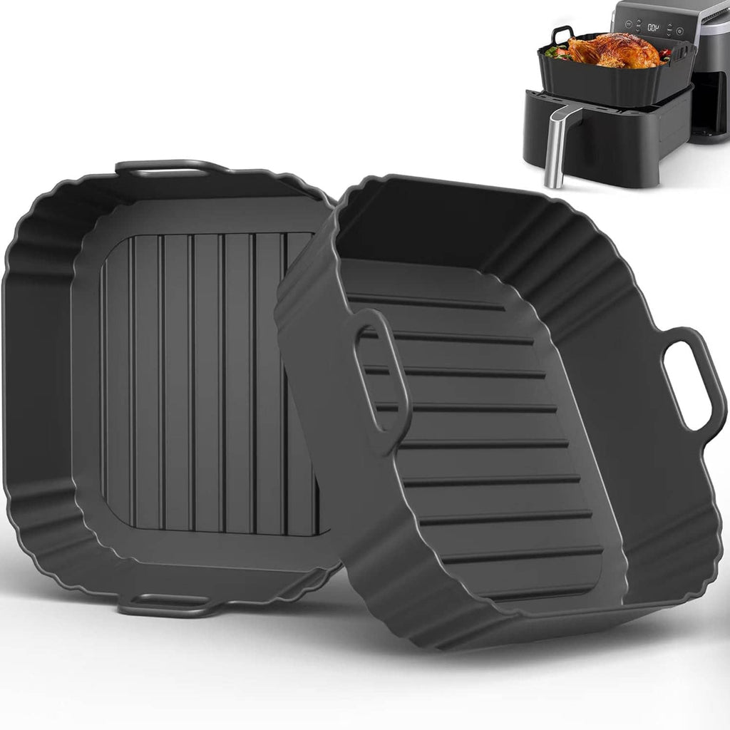 Black square silicone air fryer liner pair with side handles and ribbed cooking surface