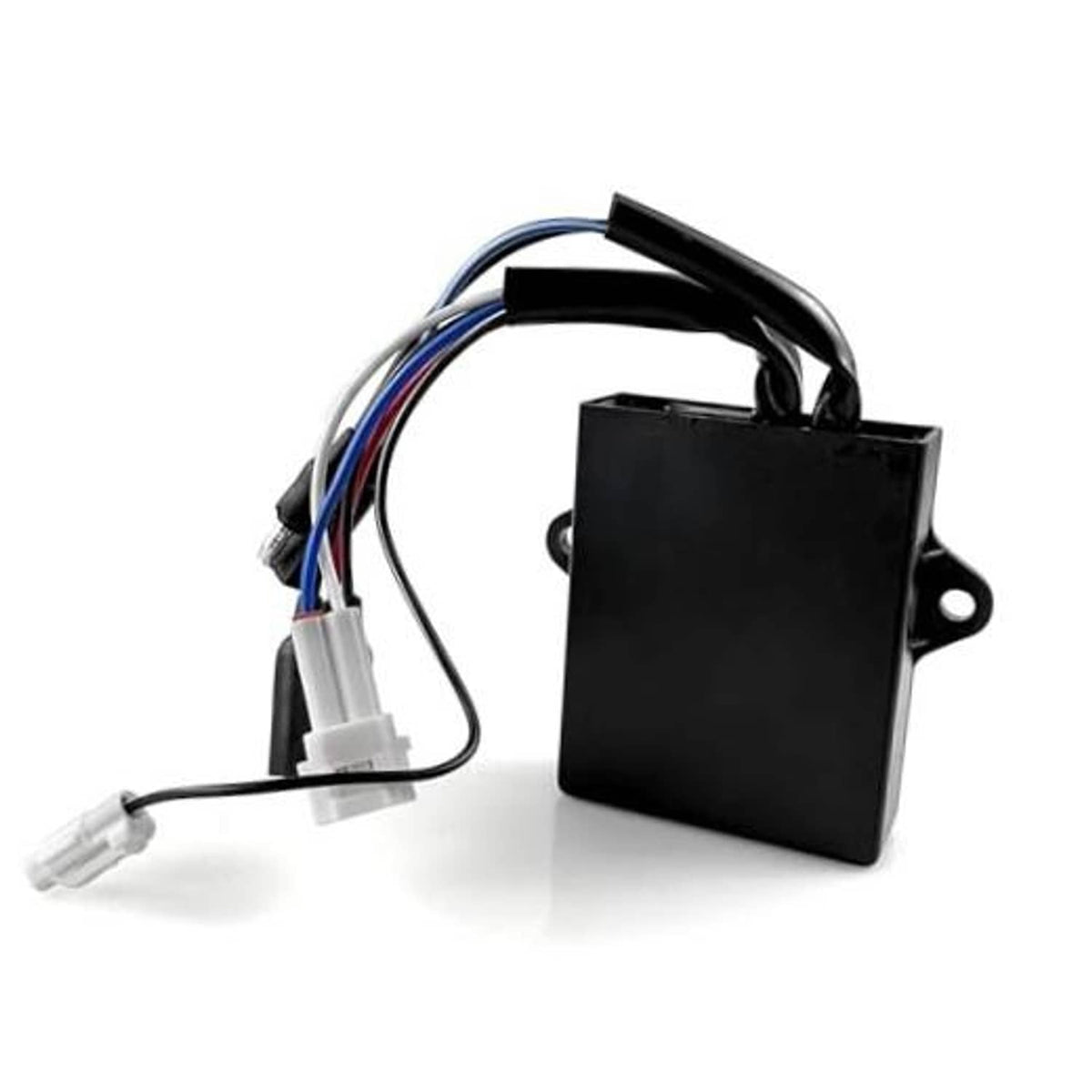 Black CDI ignition box module with mounting holes and attached wire harness