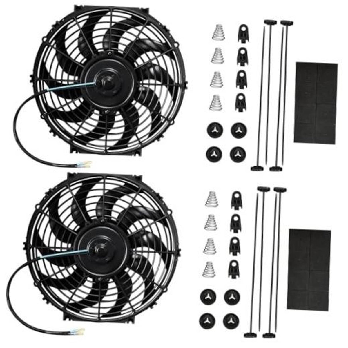 Black electric radiator cooling fan kit with two 10-inch fans and mounting hardware